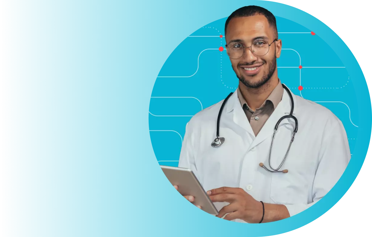 Doctor in lab coat holding tablet