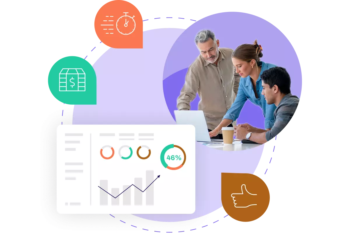 Graph surrounded by speed, money, and thumbs up icon