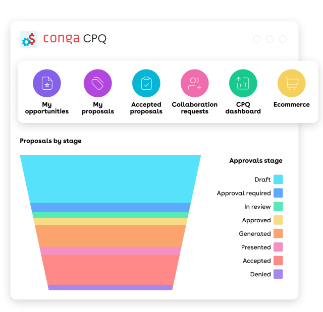 Conga CPQ dashboard displaying business proposal by approval stage"