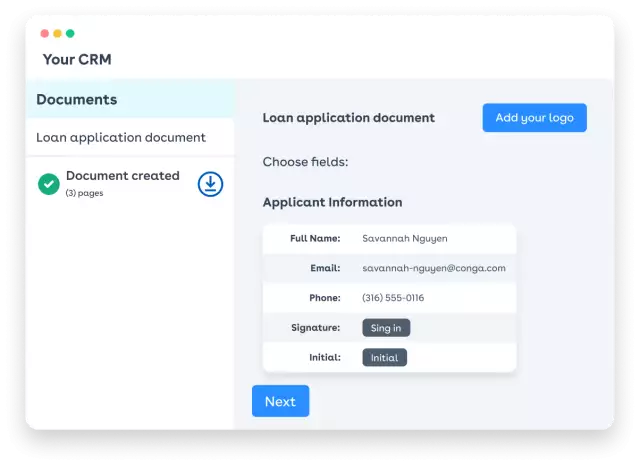 UI example of how to personalize Conga Document Automation for company brand