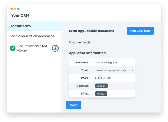 UI example of how to personalize Conga Document Automation for company brand