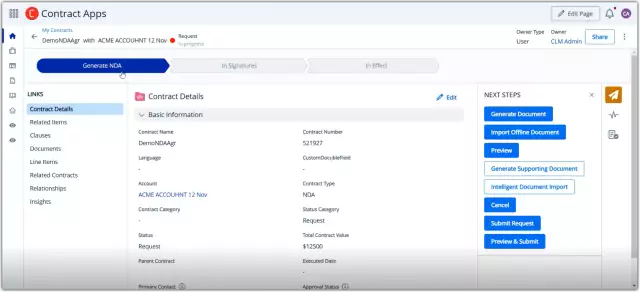 Conga CLM automation generating an NDA contract from validated data.