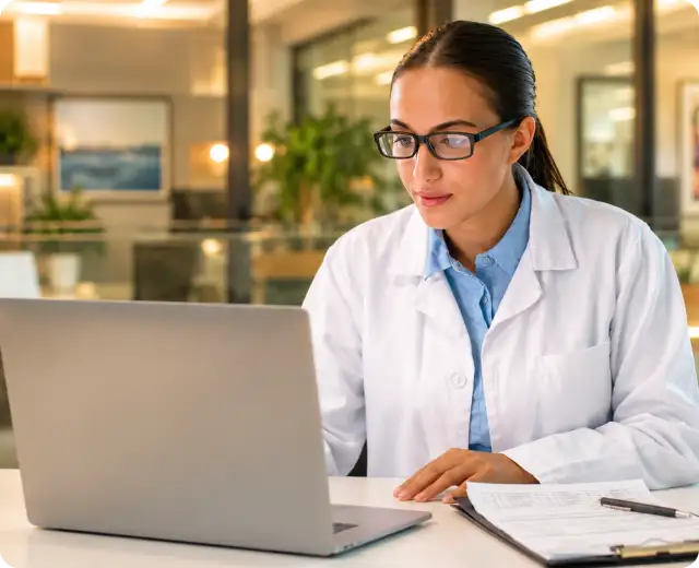 A female healthcare administrator wearing glasses and a lab coat focused on a laptop screen with a clipboard and paperwork on the desk.