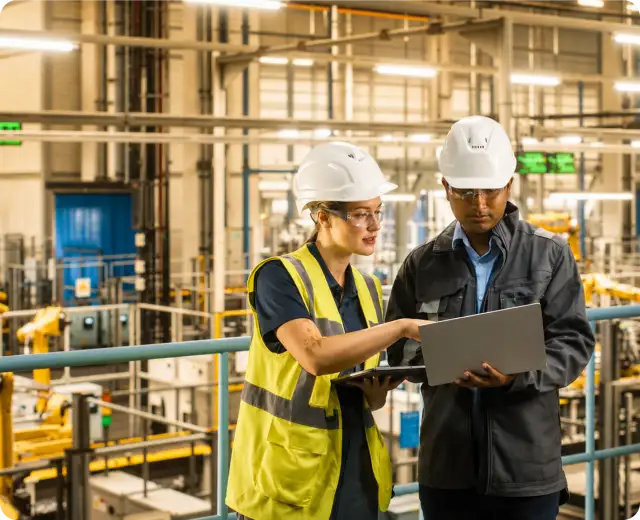 Two manufacturing professionals wearing hard hats look at a laptop screen together inside a large industrial factory.