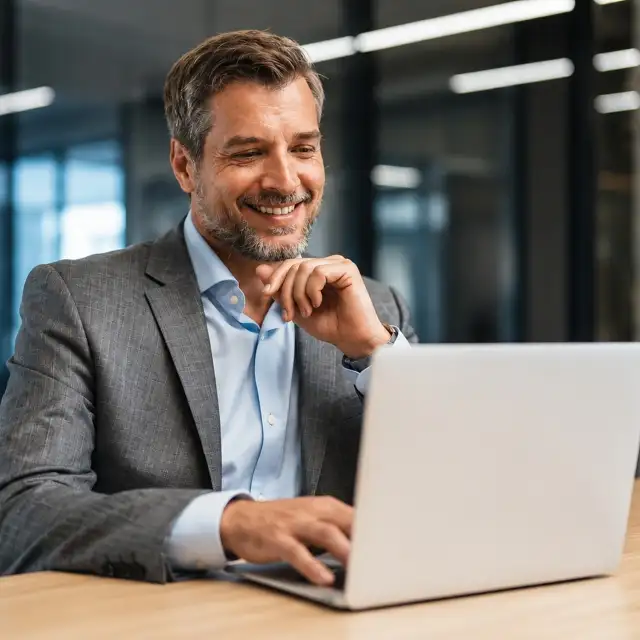 Business professional working on a laptop at a desk in a modern office