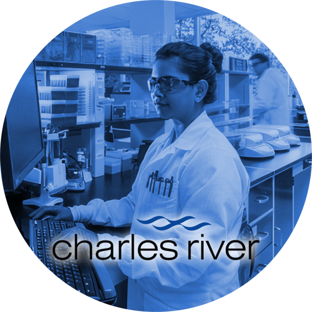 Photo of scientist in lab coat with the Charles River Labratory logo overlayed