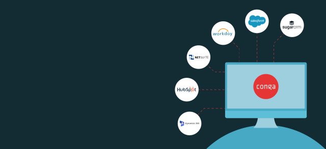 Graphic design showing apps connecting to laptop with Conga logo