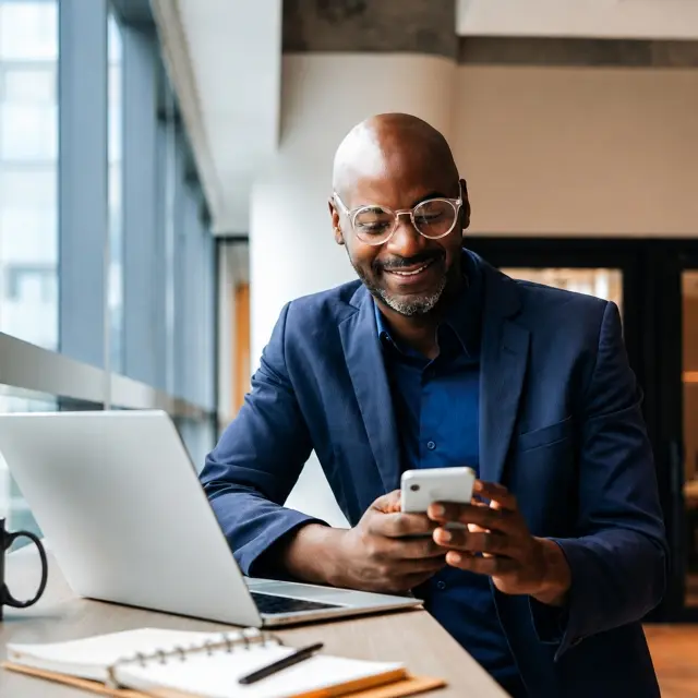Man in a blue suit and glasses smiles at his phone beside an open laptop in a modern office.