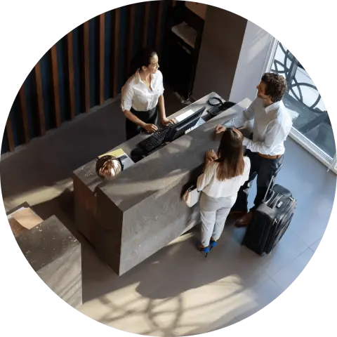 Overhead shot of three people talking