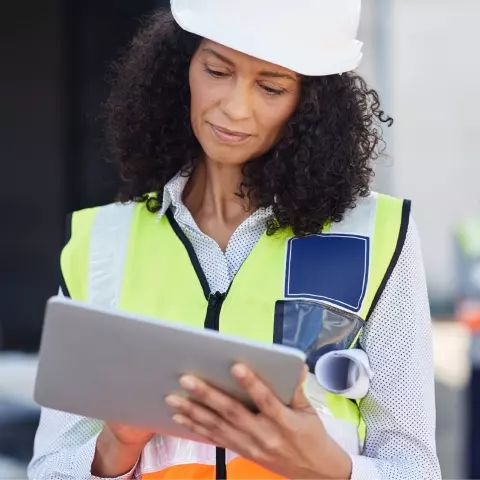 Construction woman looking at tablet